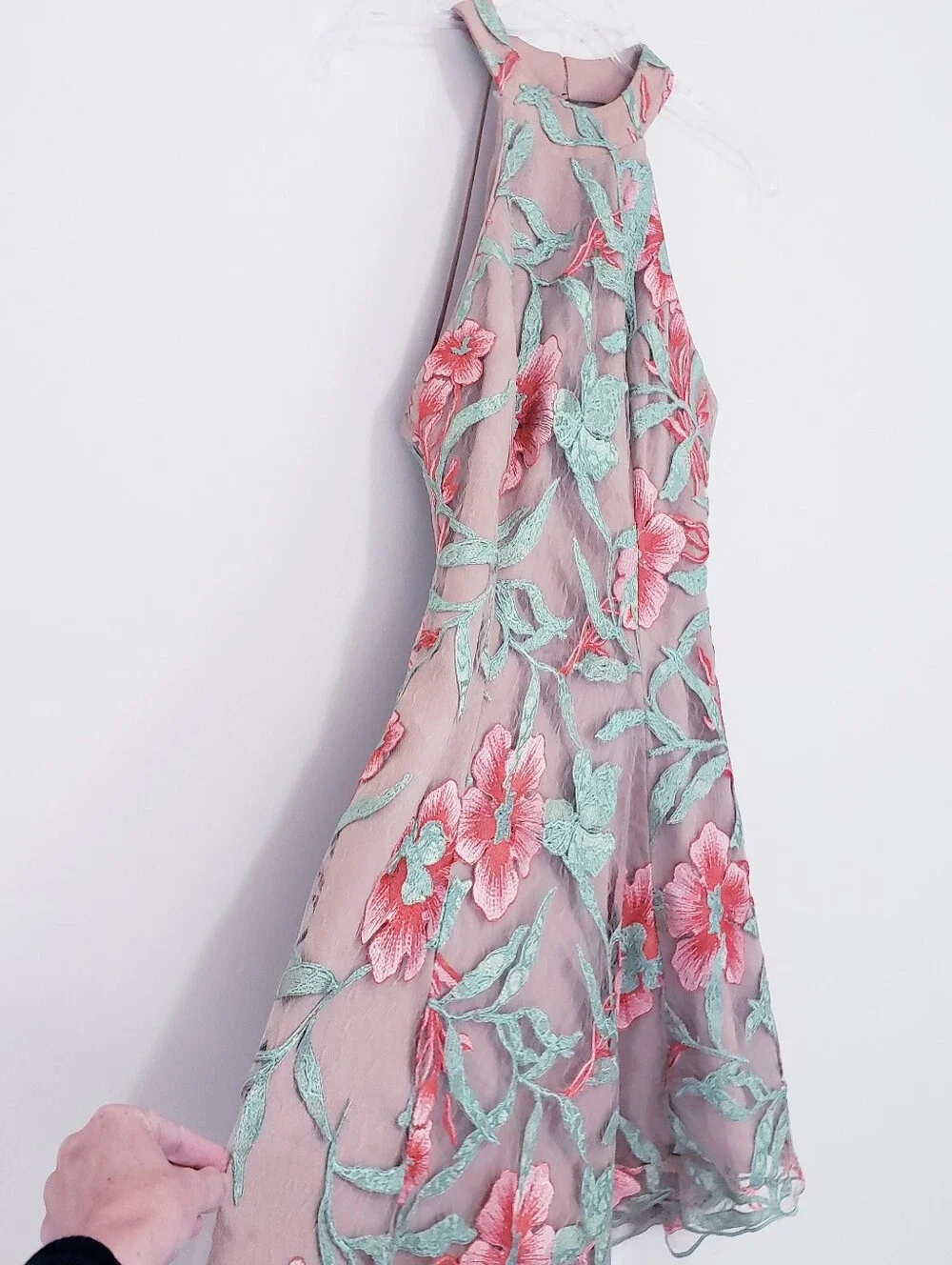 Dress The Population Abbie Floral Halter Dress Skater Coral Beige Lace Medium - Picture 4 of 11